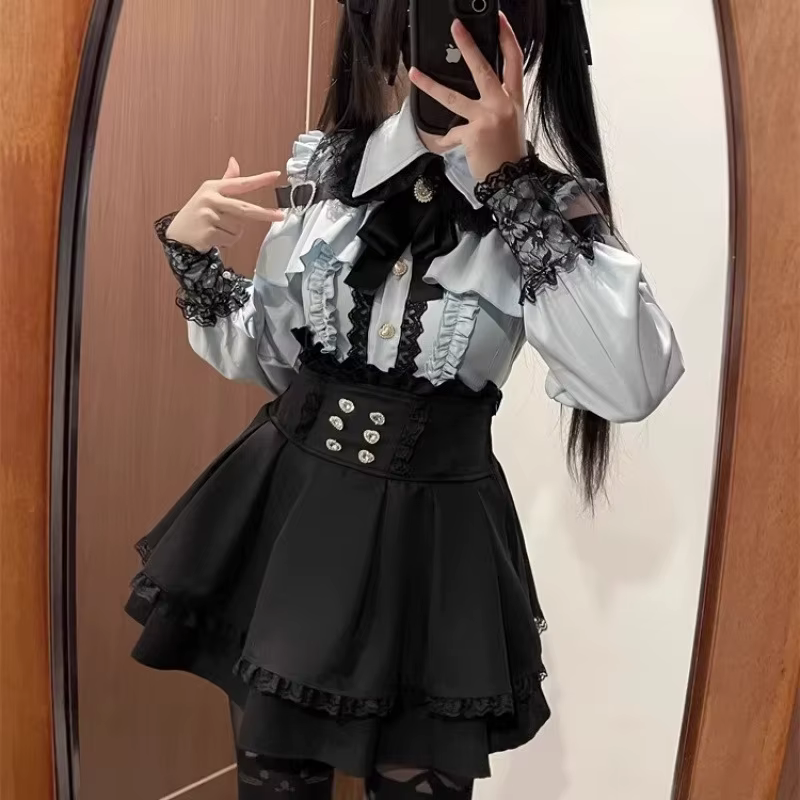 Ensemble Lolita pour femmes, haut en maille et jupe cintrée à la taille, cordon de Style de rue japo