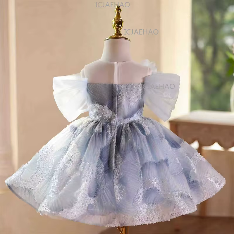Robe de princesse élégante bleue à manches courtes pour filles 2026, robe de soirée formelle à sequi