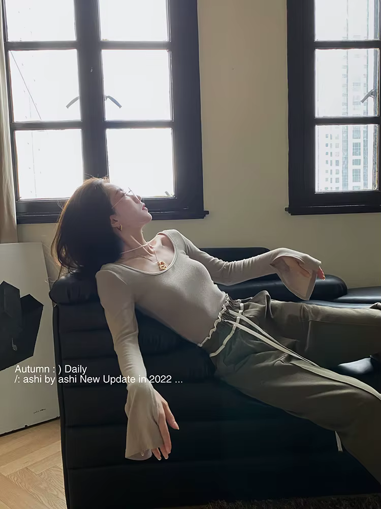 Contest ERART-Haut court à manches longues évasées pour femmes, tunique basique, haut en tricot, bei