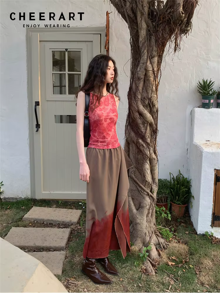CHEERART Flocage Floral Dos Nu Rouge Débardeur Pour Femmes 2023 Vêtements d'été Haut de gamme Mode F