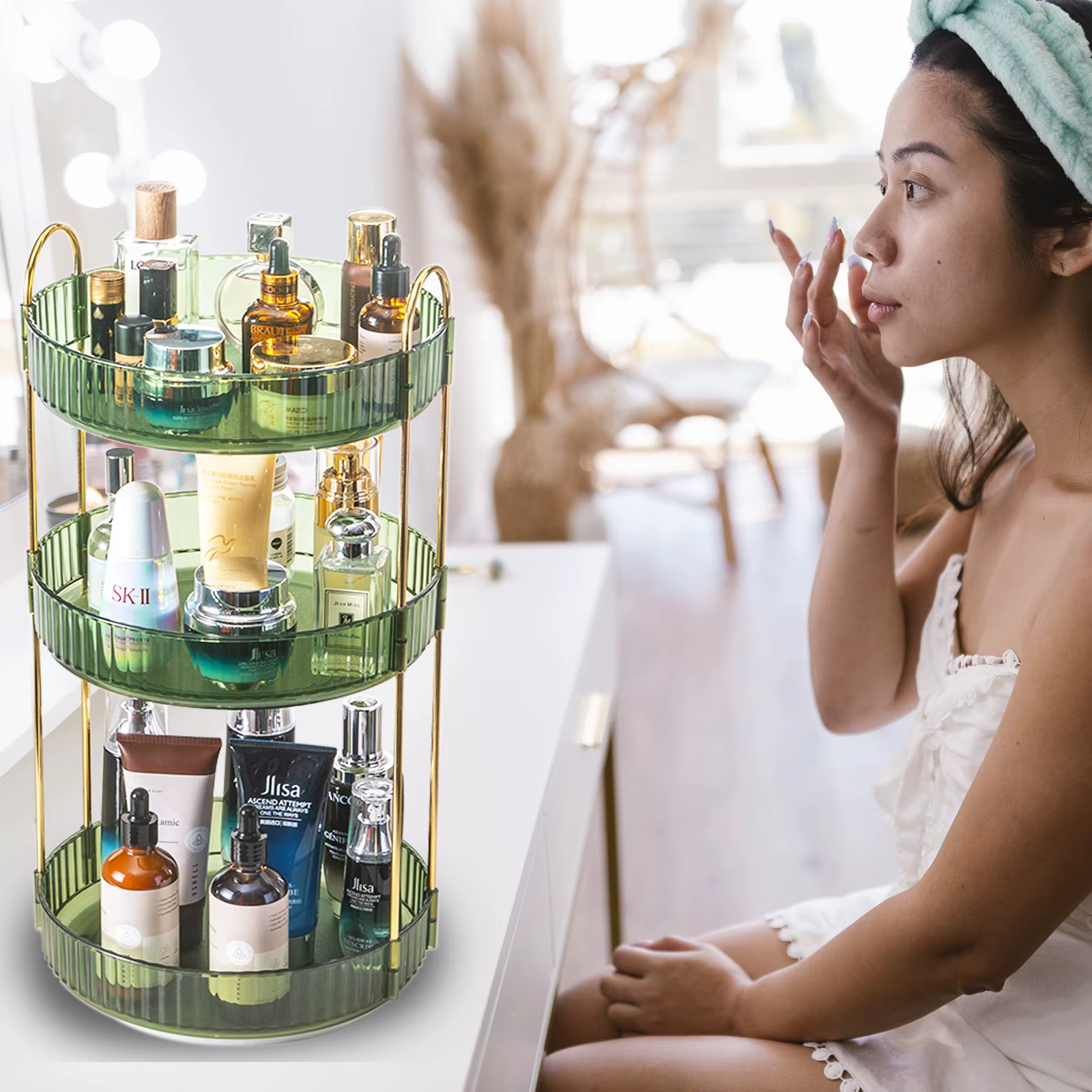 Organisateur de maquillage rotatif pour vanité à 3 niveaux, haute capacité pour soins de la peau, st
