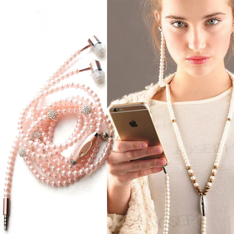 Collier de perles écouteurs rose strass bijoux casque avec Microphone écouteurs pour iPhone 14 Xiaom