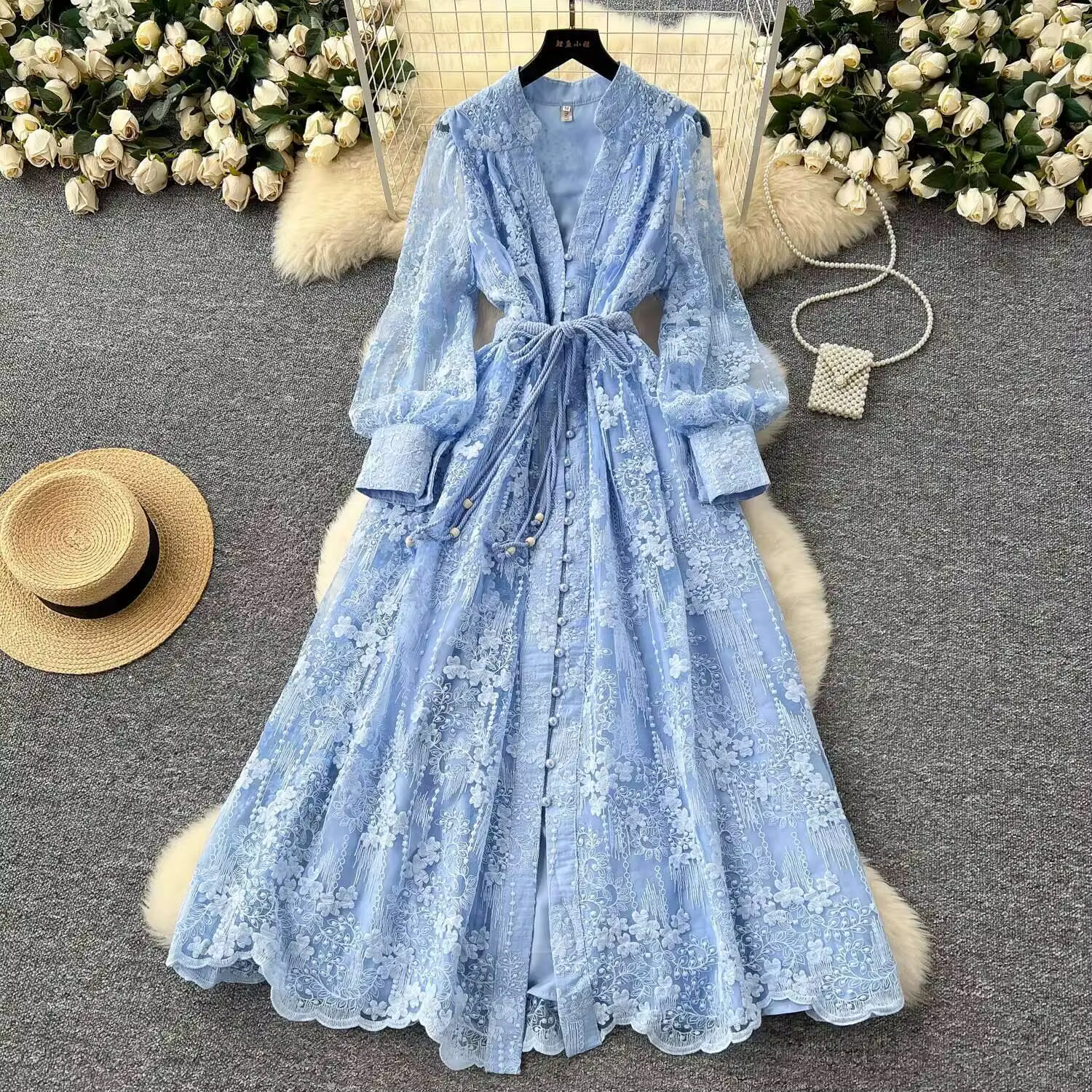 Robes formelles brodées de luxe pour femmes, lanterne d'été et d'automne, manches longues, dentelle,