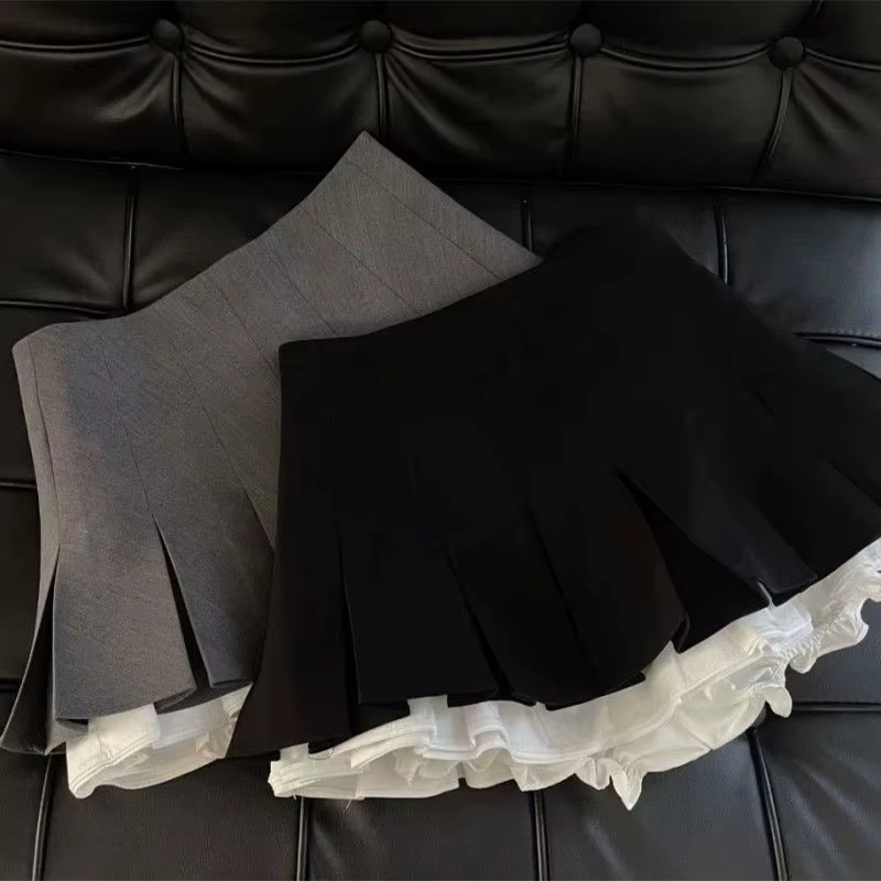 Mooyufon volants noir Mini jupe femmes coréen Patchwork jupes plissées japonais Kawaii taille haute