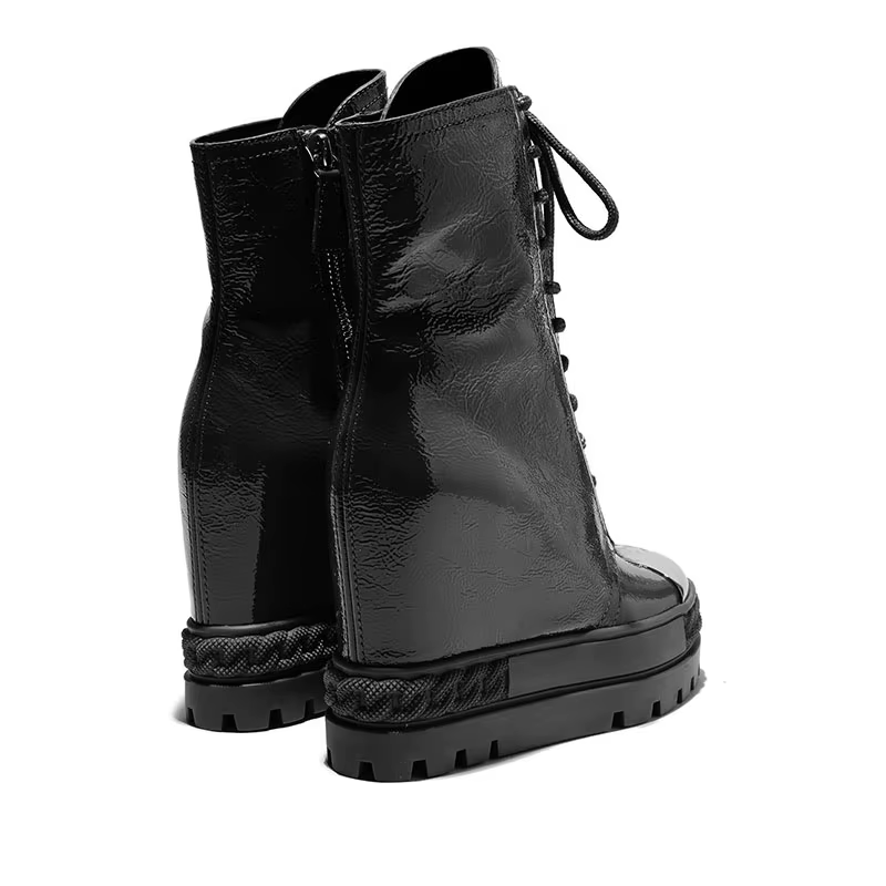 Semelle plate-forme optique noire, bottes romaines à fermeture éclair, baskets montantes, cuir verni
