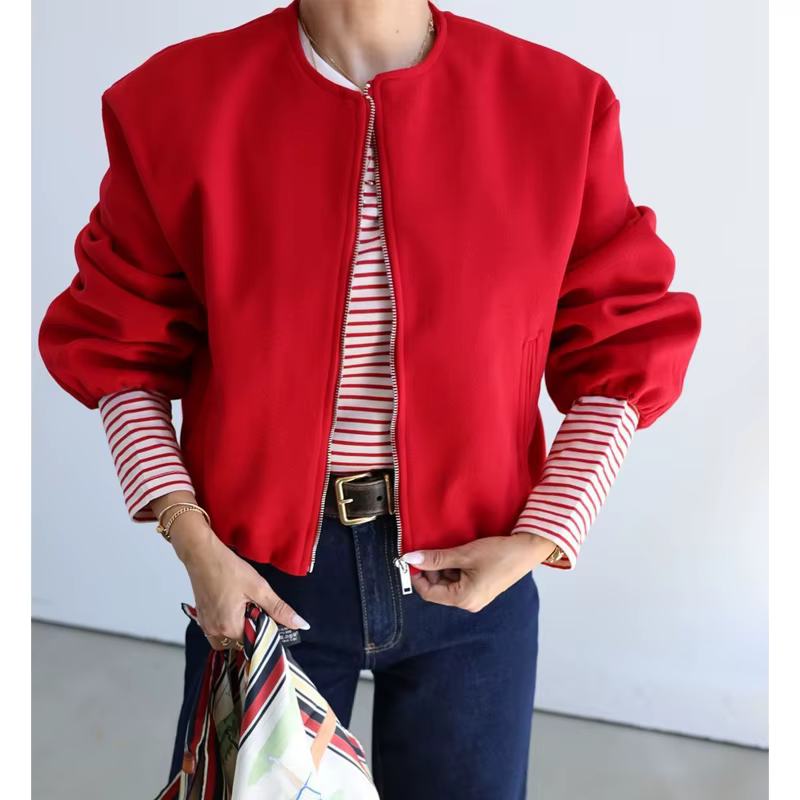 MUJER rouge fermeture éclair Bomber vestes pour femmes doux recadrée vestes femme 2025 à manches lon