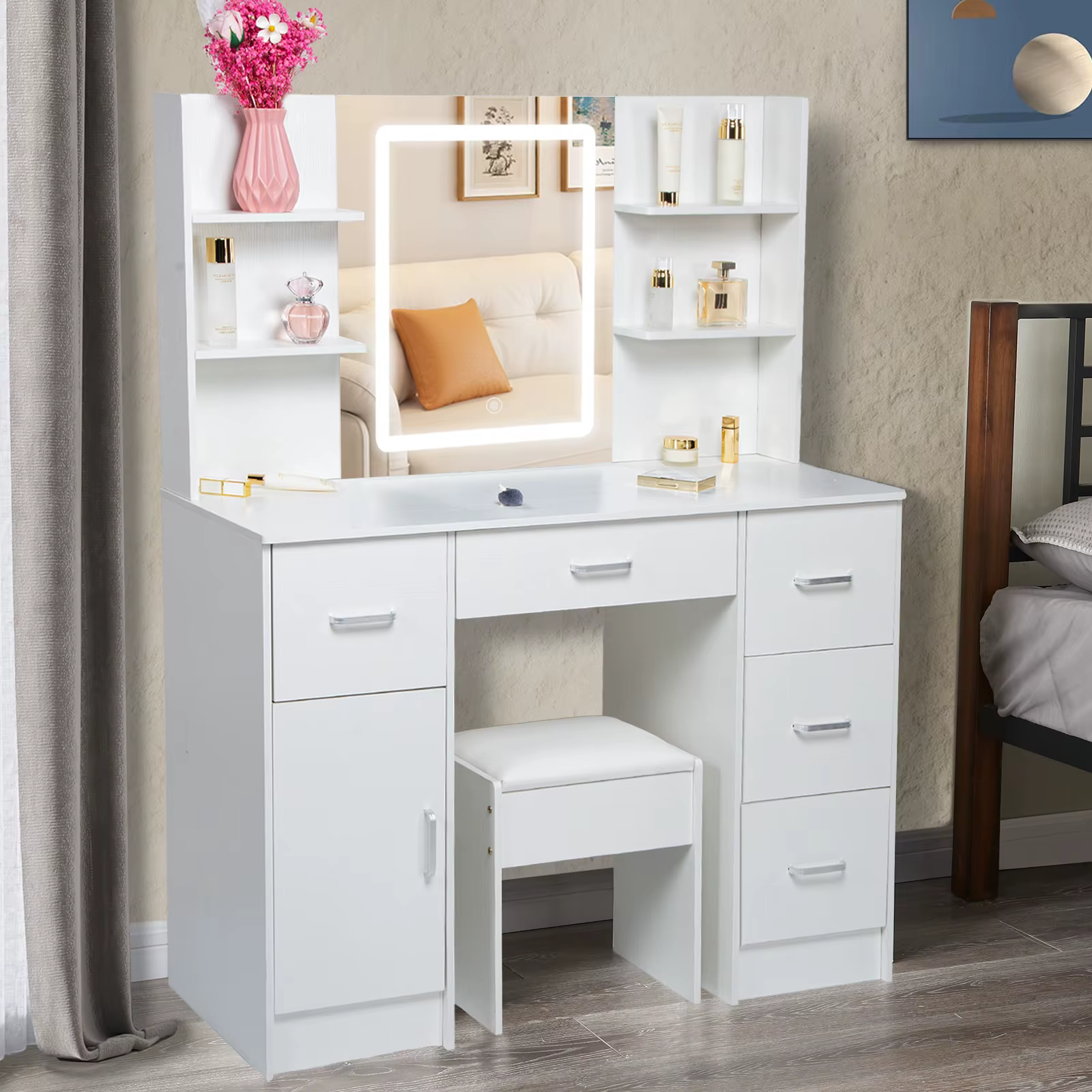 Table de maquillage avec égouts de proximité, ensemble de bureau de vanité avec étagères, commode et