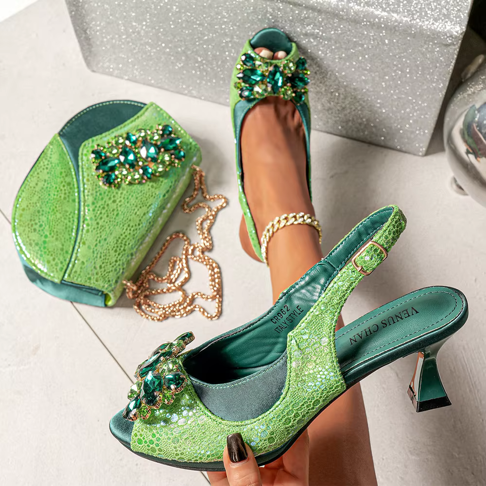 Ensemble de chaussures et de sacs africains à strass, nouveau design vert, talons confortables à bou
