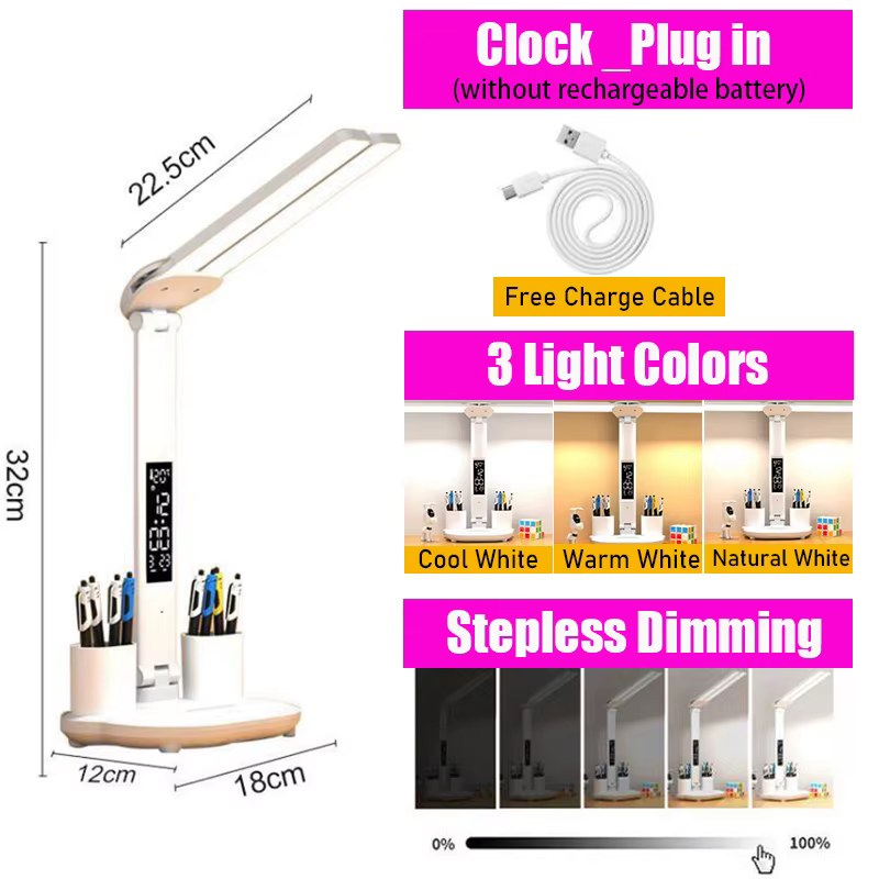 LED horloge lampe de Table USB rechargeable lampe de bureau à intensité variable 2 têtes 180 rotatio