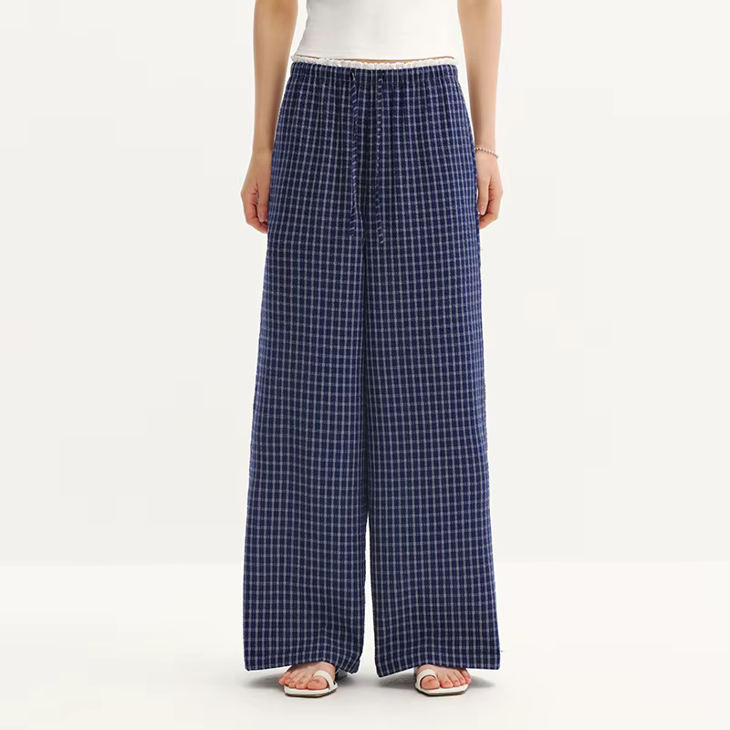 Pantalon Femme Semir à Carreaux 2026, Texturé, à Volants, Coupe Large, Style Urbain Décontracté, Dou