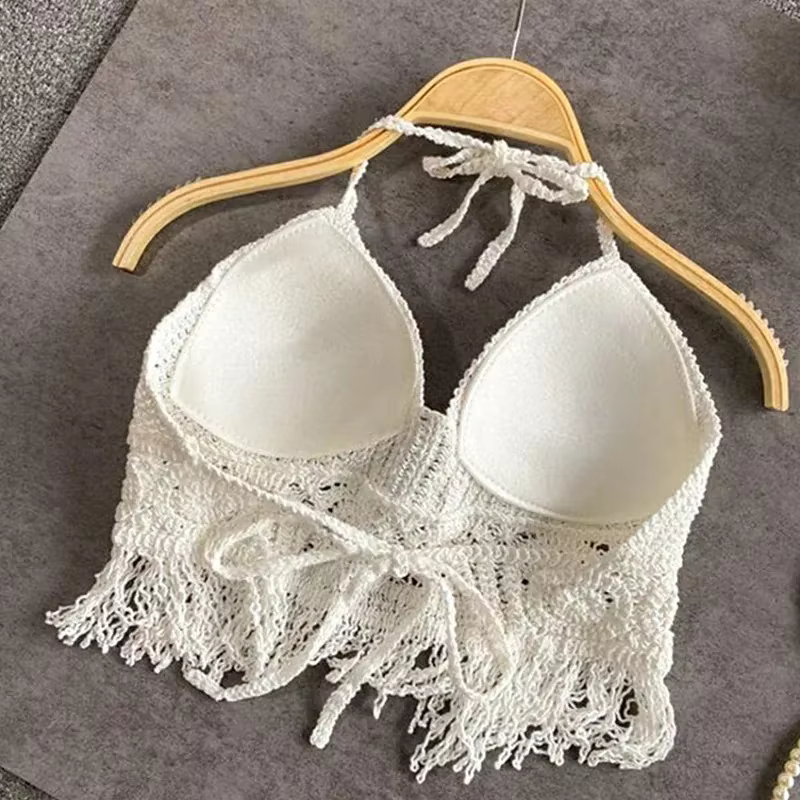 Sexy Boho plage vacances Camisole licou femmes Crochet tricot maillot de bain soutien-gorge dos nu g