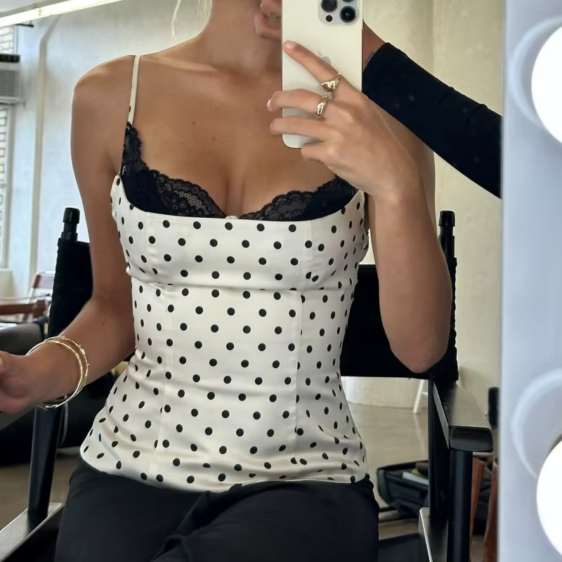 Femmes à pois dentelle garniture Cami haut Sexy dos nu sans manches mince ajusté Camisole haut Vinta