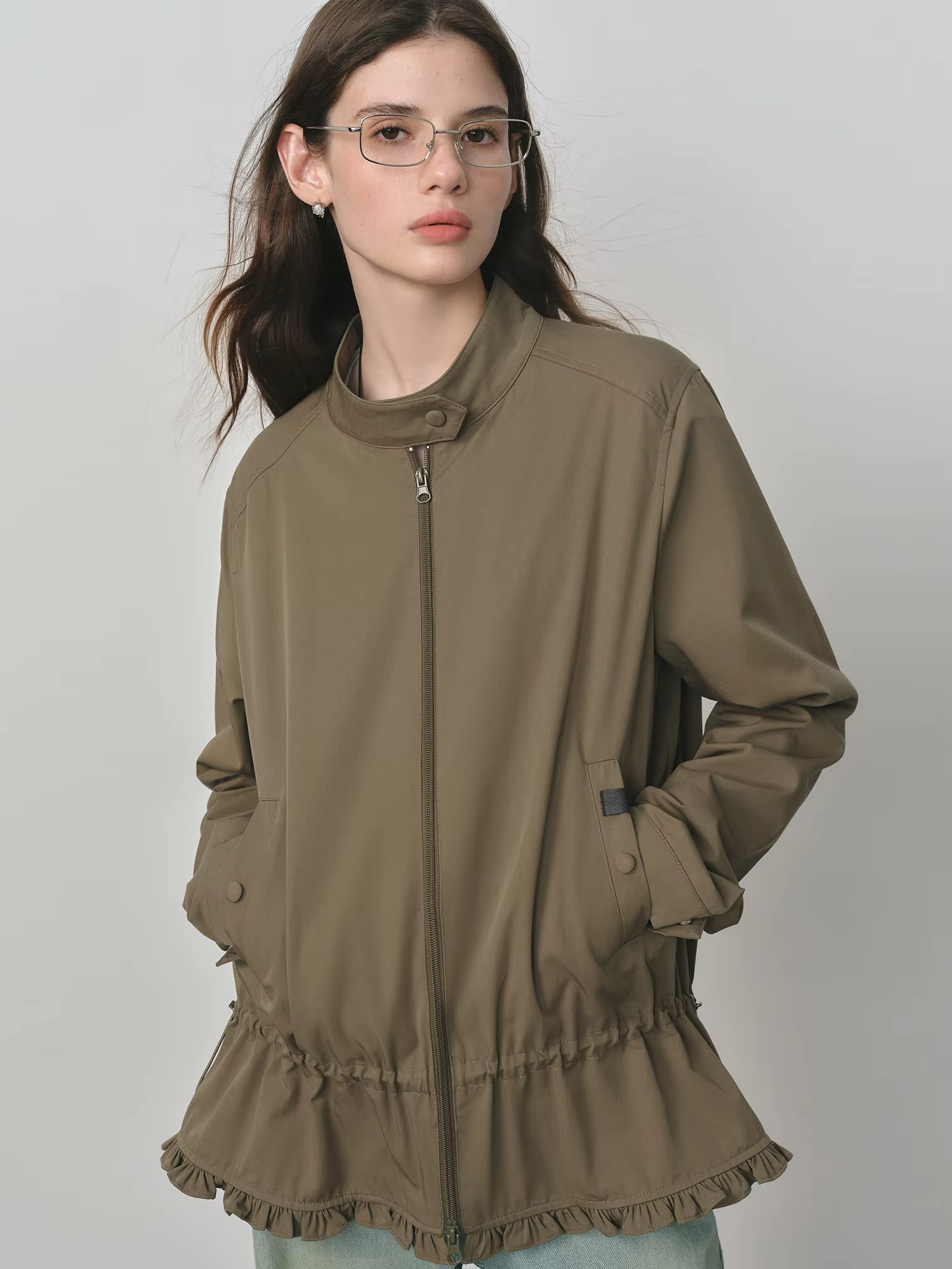 FSLE 2025 nouvelles femmes épaule droite col montant veste 2025 automne Style coréen cordon doux fle