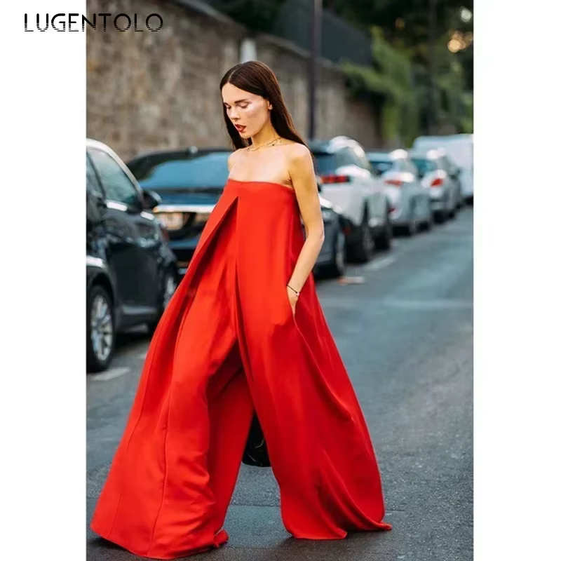 Combinaison portefeuille rouge pour femmes, Sexy, mince, taille haute, poches, dame, ample, élégant,