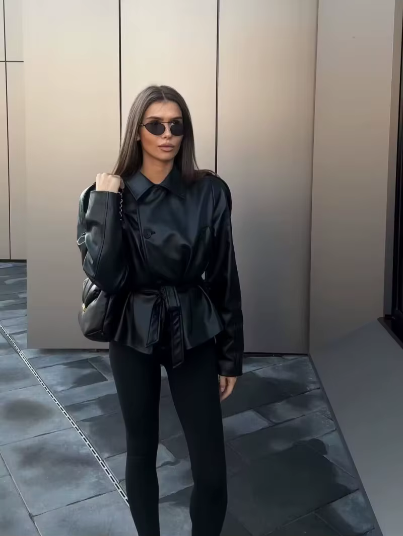 ETJ 2025 automne nouvelle mode femme ceinture simili cuir à manches longues court trench manteau déc
