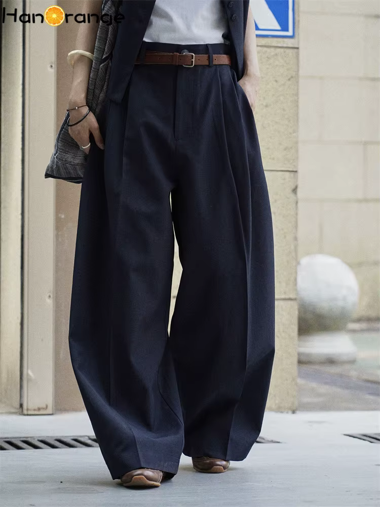 HanOrange 2025 début automne Simple gilet court + pli courbé jambe large pantalon femmes 2 pièces en