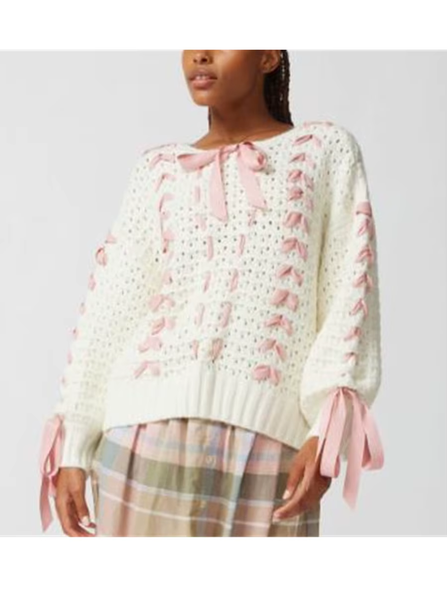 Femmes nœud papillon chandails hiver printemps doux tricoté à manches longues col rond pulls hauts a