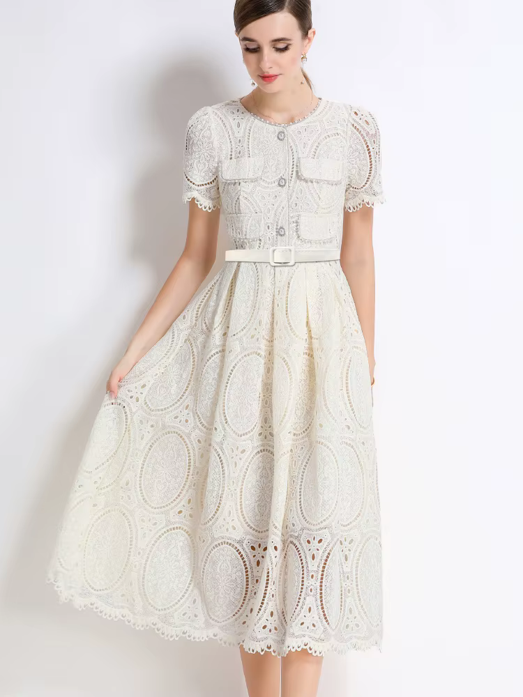 SMTHMA – robe élégante en dentelle, ajourée, perlée, haut de gamme, avec ceinture, col rond, manches