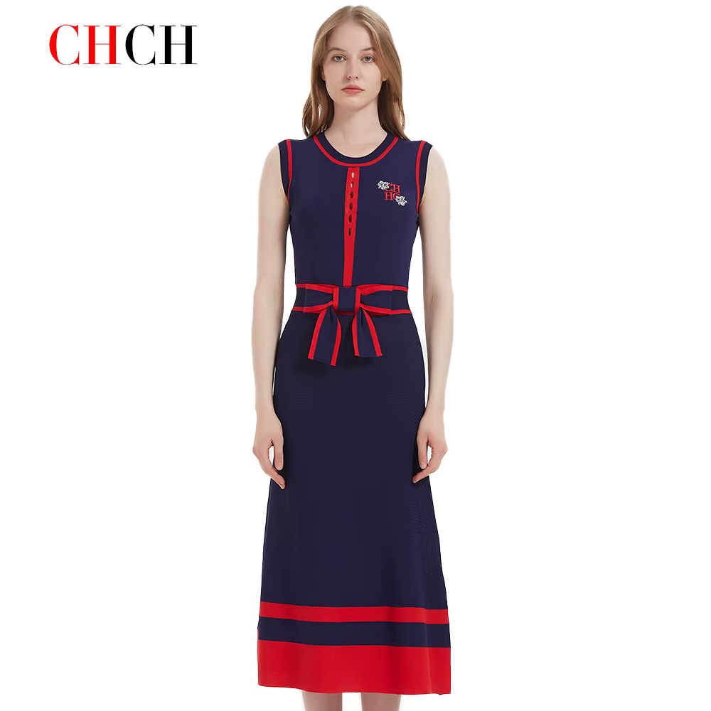 CHCH – robe longue tricotée sans manches pour femmes, tenue d'affaires Simple, bleu marine, nouvelle