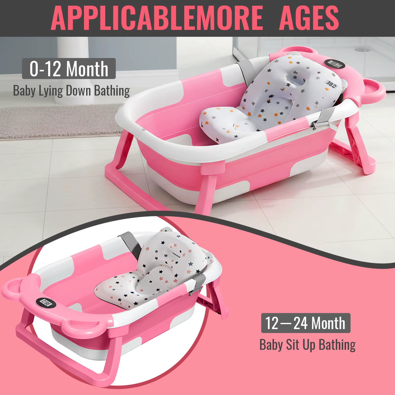 Baignoire pliable pour bébé, utilisable en position assise et allongée, design étendu et élargi, ant