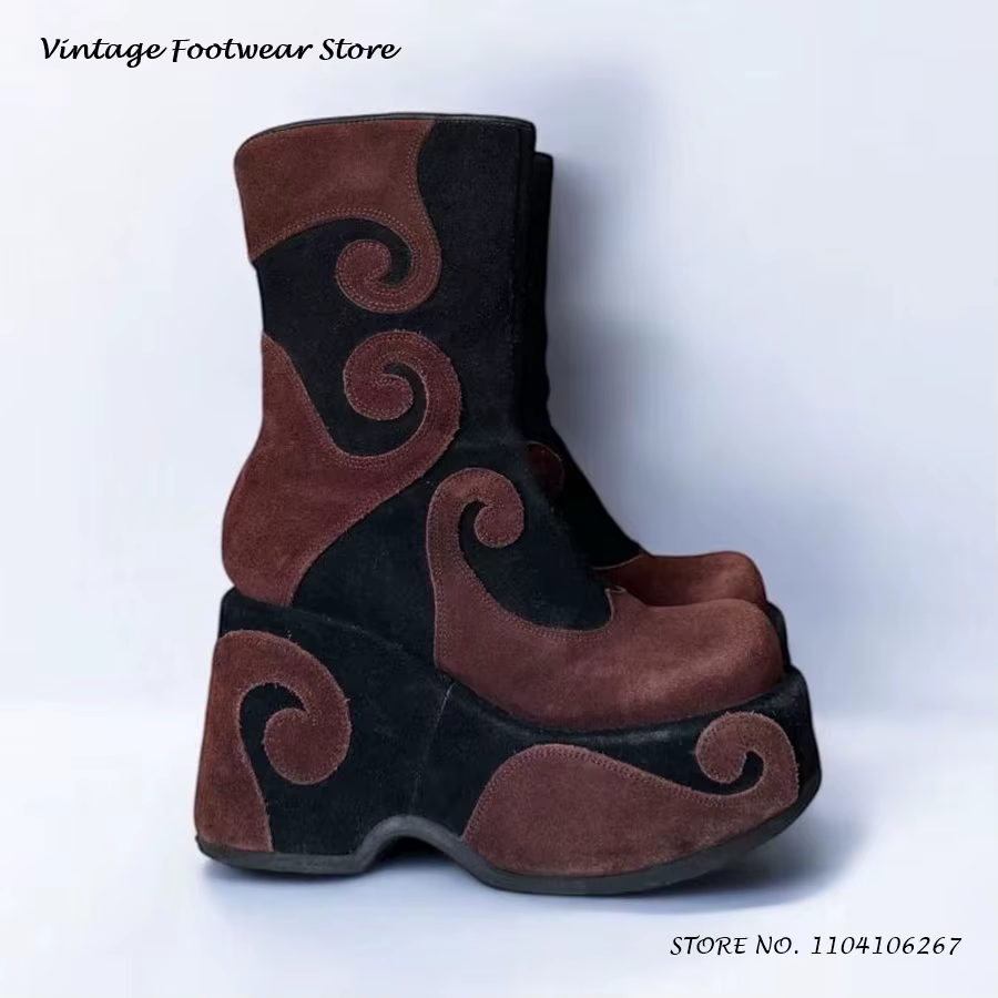 Bottines à plateforme en cuir suédé tourbillonnant, chaussures Vintage à bout rond, grande taille, S