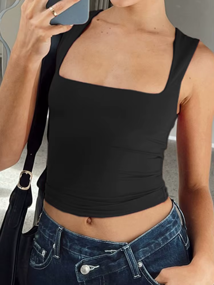 Haut court à col sans manches pour femmes, débardeur décontracté Y2K, t-shirt noir Sexy, été 2024