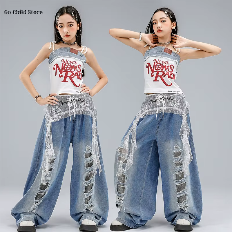 Filles Hip Hop Crop Débardeur Débardeur Déchiré Jeans Enfants K-pop Cami Top Denim Pantalon Street D