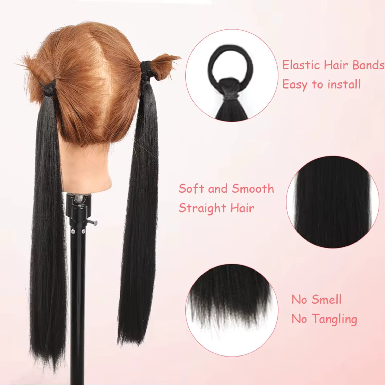 Paquet de 2 extensions de queue de cheval noires synthétiques avec cravate élastique, extensions de