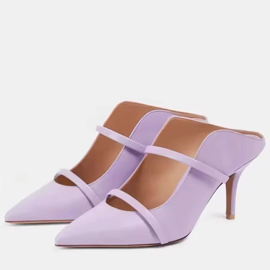 Mules à talons hauts et fins à bout pointu pour femmes, avec bride métallique, talon aiguille, en ve