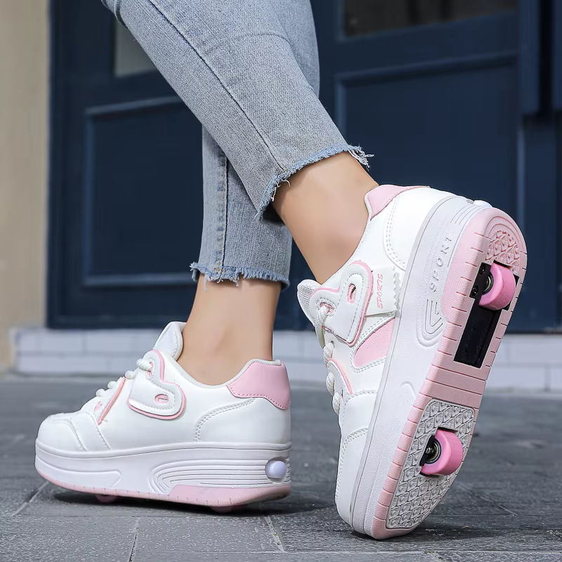 Chaussures de marche respirantes à lacets pour filles, patins de sport rétractables à deux roues pou