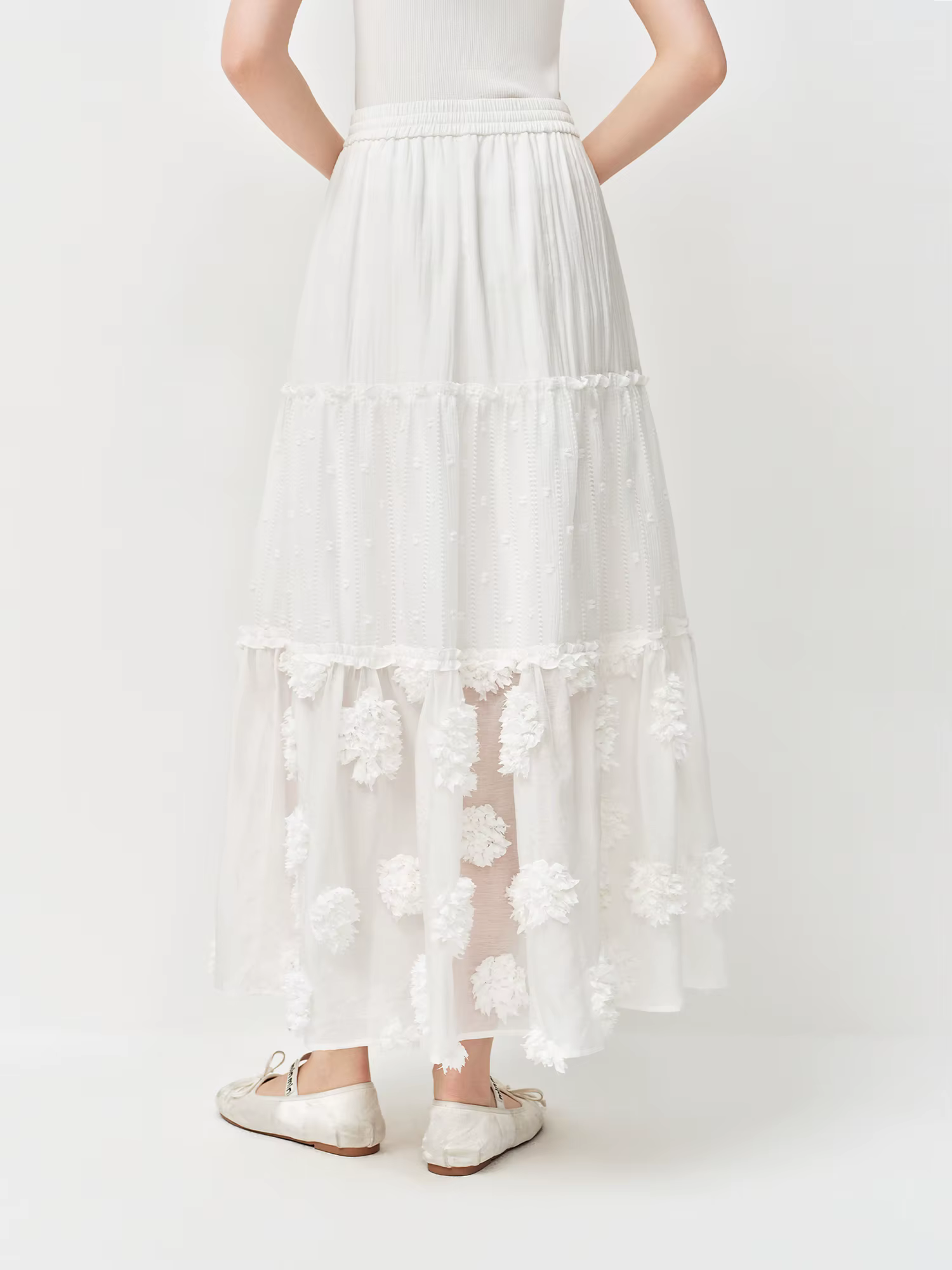 Jupe midi superposée FSLE 2026 pour femme, jupe trapèze blanche brodée de fleurs 3D pour un style ré
