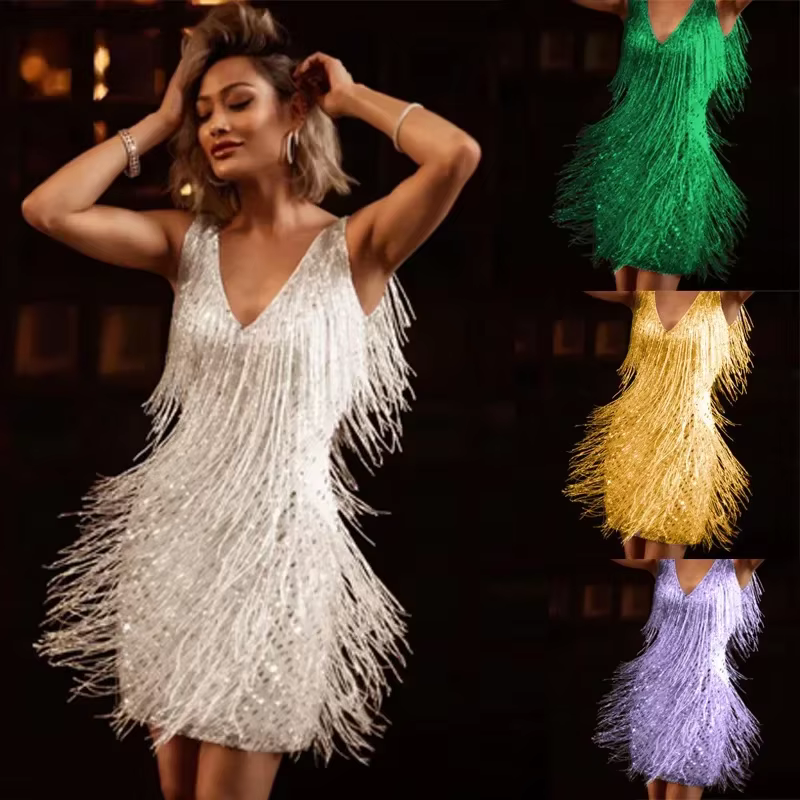 Mini robe à col en V profond pour femme, glands à dos ouvert, paillettes blanches, boîte de nuit, ve