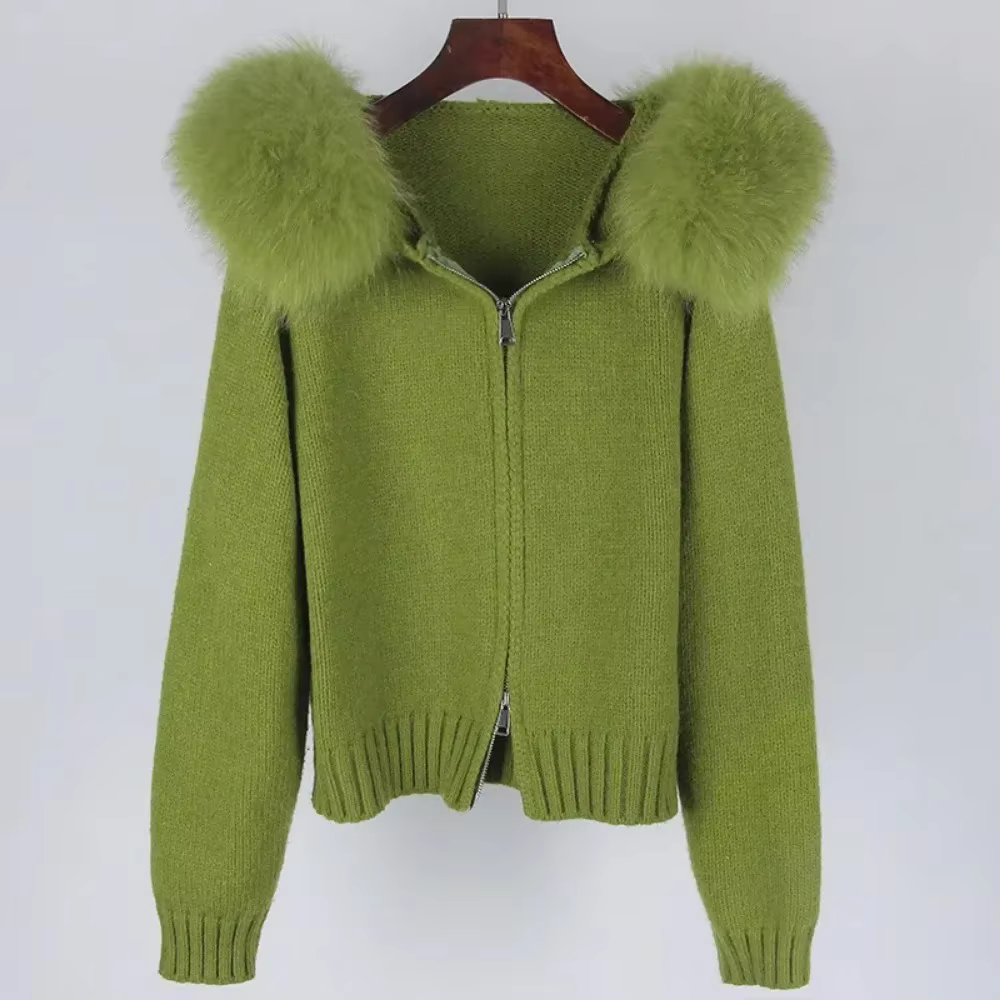 Veste courte tricotée avec manteau en fourrure naturelle pour femme, manteau décontracté à capuche, 