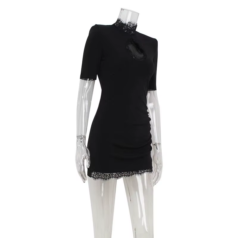 Robes à col haut pour femmes, mini robe éducative, tenues à demi-manches, gaine de tambour évidée, p