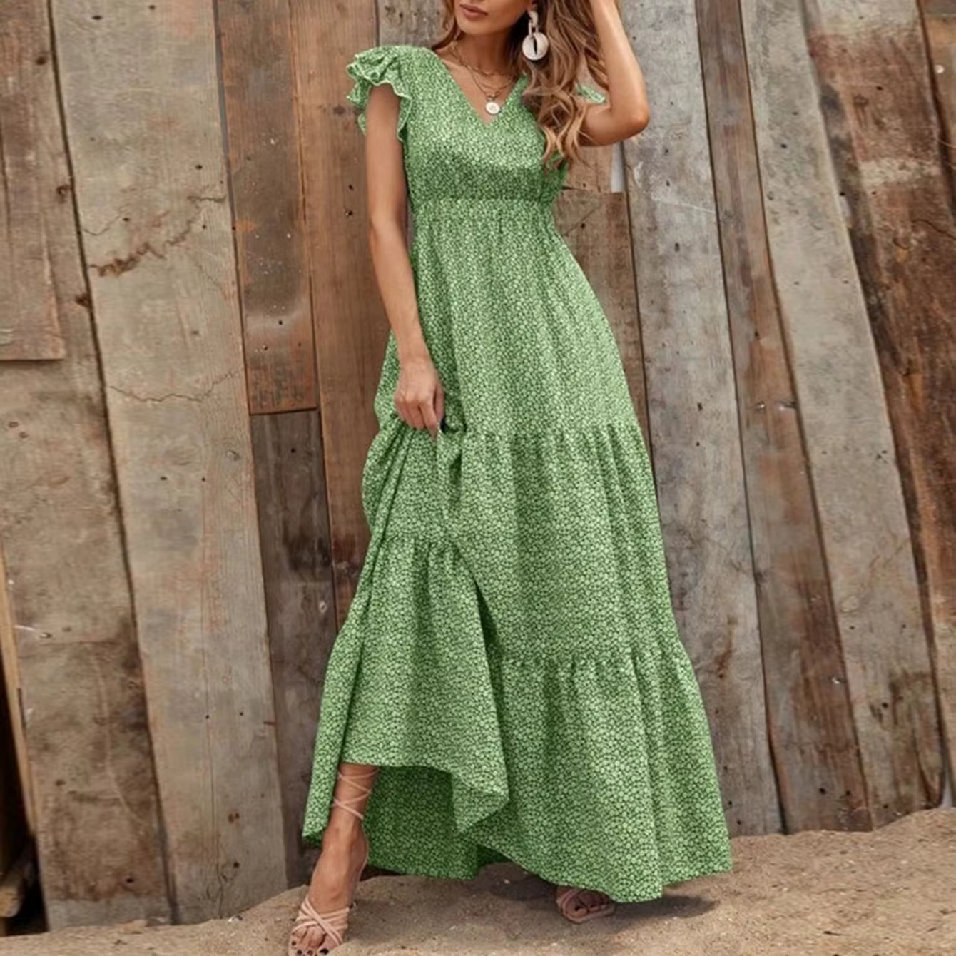 Robe longue d'été pour femmes européennes et américaines, col en V, taille haute, imprimé floral, st