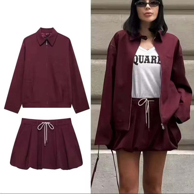 Ensemble 2 pièces décontracté pour femmes, taille à lacets, édition lanterne, Mini jupe, poche solid