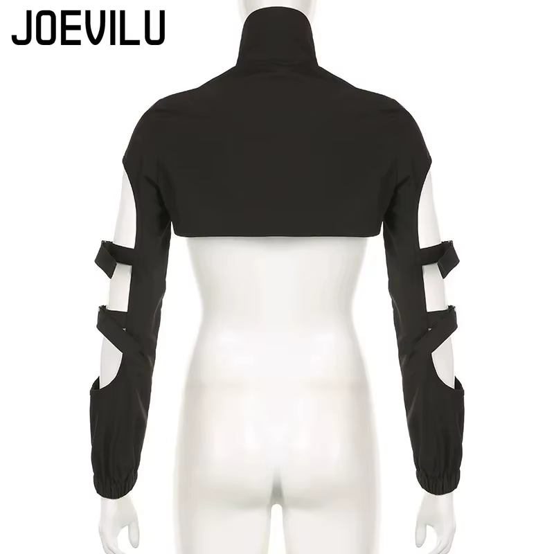 JOEVILU Femmes Cyberpunk Goth Harajuku Récolte Hauts Manches Longues Évider Fermeture Éclair T-shirt