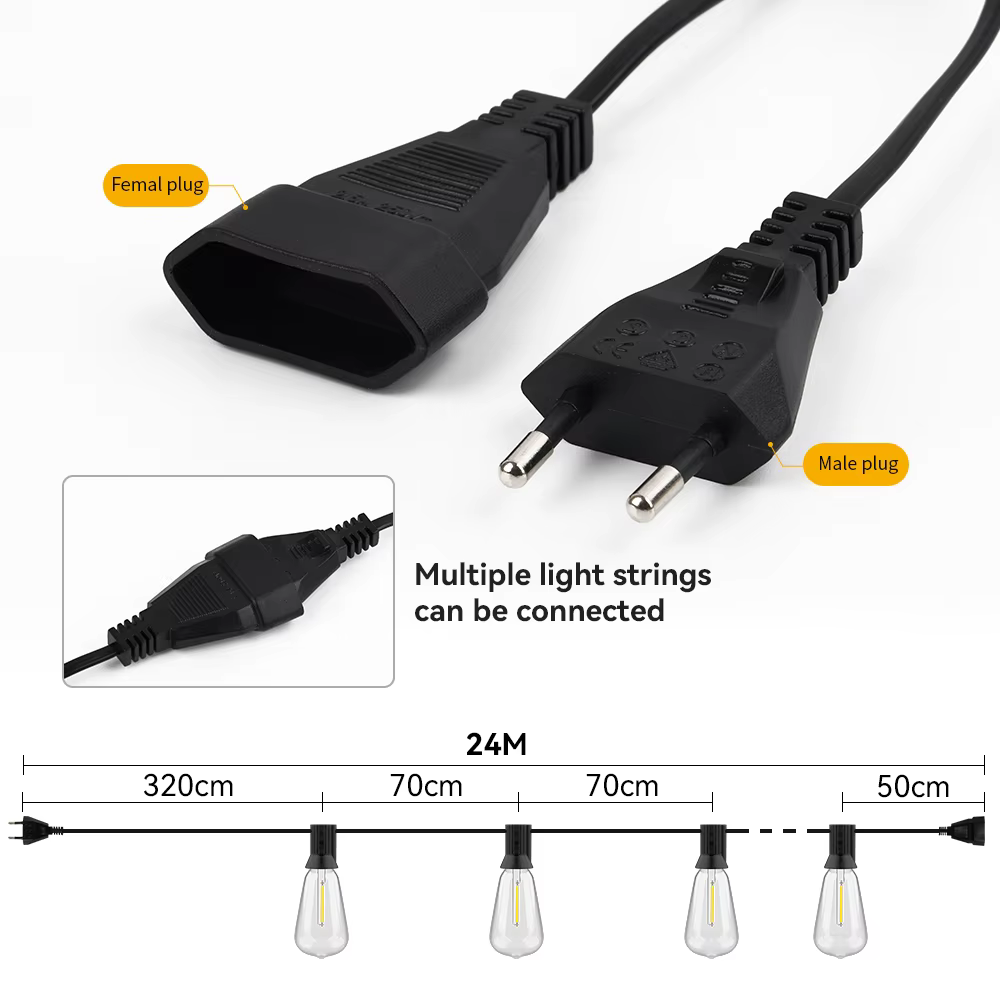 Guirlande lumineuse LED ST38 24M/15M, guirlande lumineuse extérieure pour jardin, café, mariage, rue