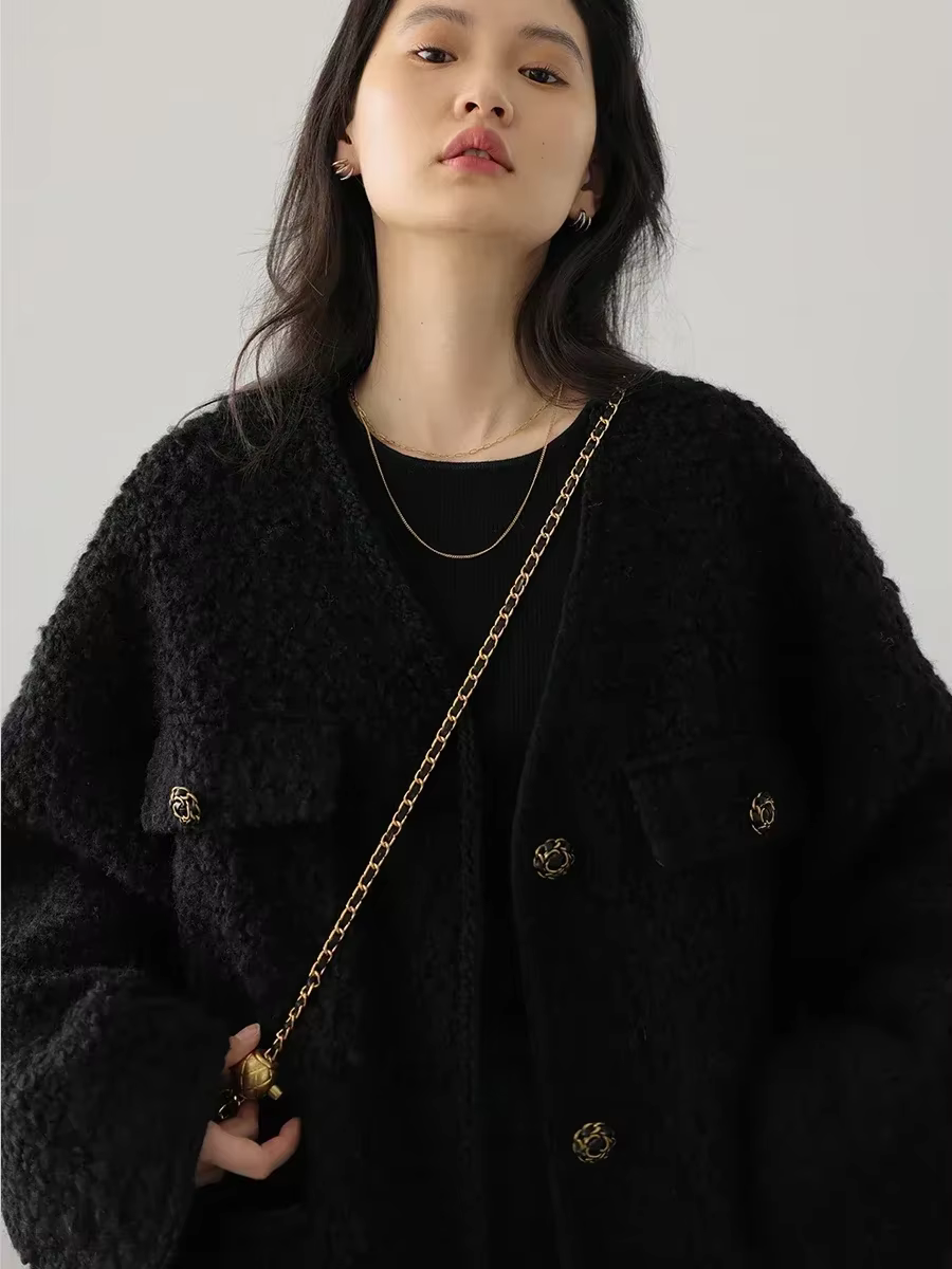 CHIC VEN-Manteau en laine vintage pour femme, veste en duvet, col en V, rapIndustry, automne, hiver,