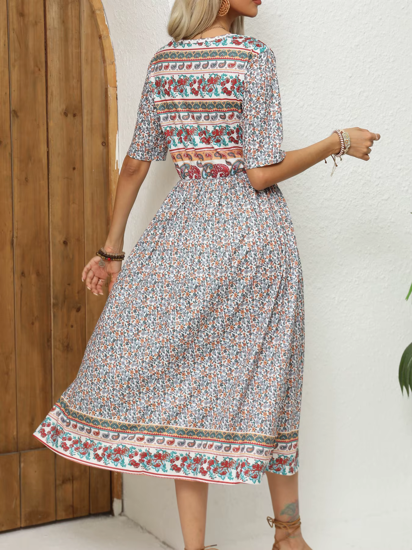 Robe imprimée bohème à manches courtes et col rond pour femmes, jupe longue pour dames, Europe et Am