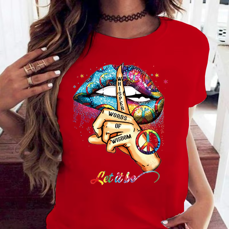 100% coton ample col rond bouche créative à manches courtes T-shirt femme surdimensionné T-shirt hau