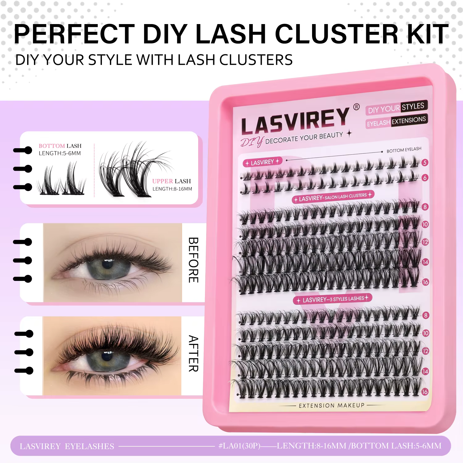 Lasvirey Kit de cils DIY, kit de cils duveteux, cils individuels mixtes avec extensions de cils infé
