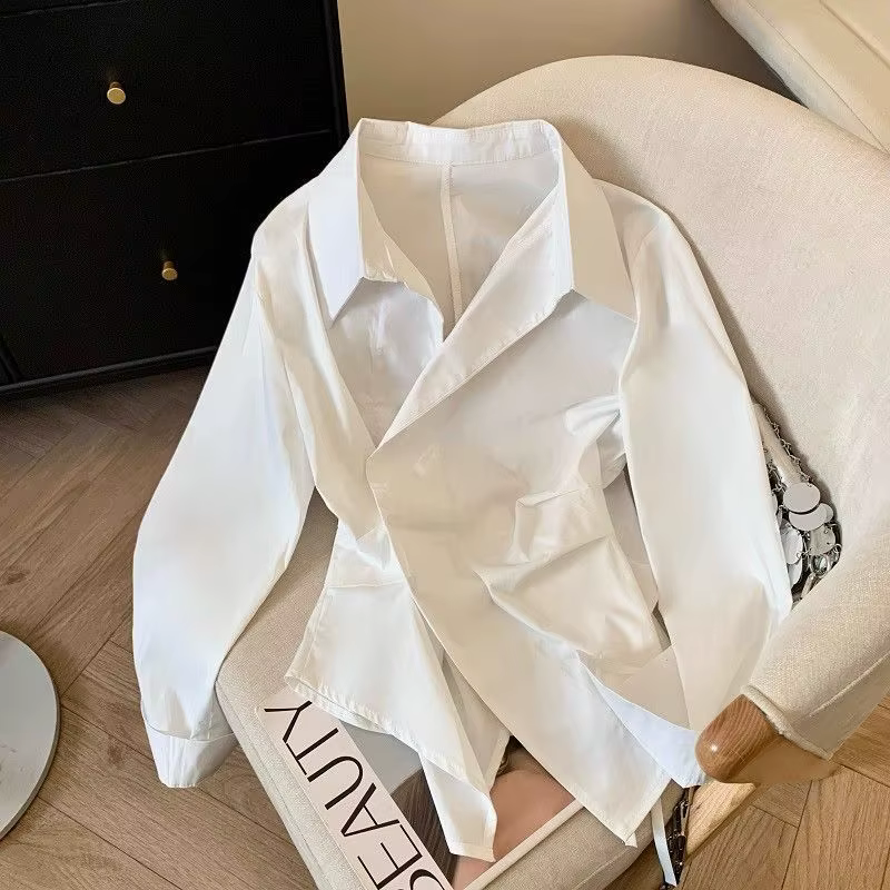 Polo à manches longues irrégulières pour femmes, tunique blanche élégante, haut basique, chemisier,