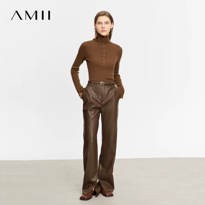 AMII minimaliste en cuir PU pantalons décontractés pour les femmes 2025 automne nouveau ample longue