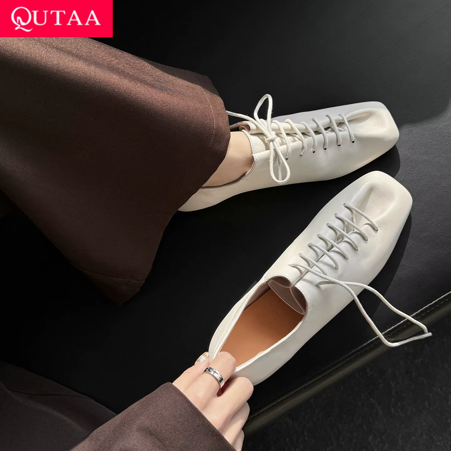QUTAA 2026 Chaussures plates tendance pour femmes en cuir de vachette, mocassins décontractés à lace