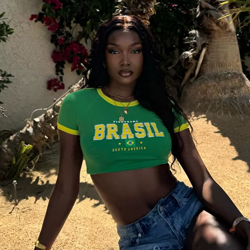 2024 Rétro Rue Esthétique Bébé T-shirt Femmes Vert Brésil Lettres Imprimé Récolte Hauts Décontracté 