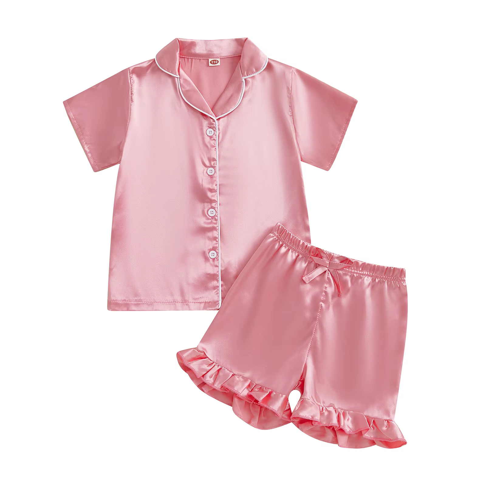 Ensemble pyjama d'été pour filles de 1 à 10 ans, en Satin solide, revers, col en V, manches courtes,