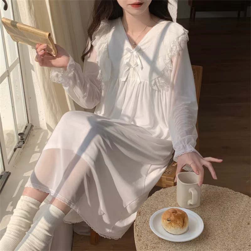 Princesse douce chemises de nuit femmes ample col en V à manches longues chemise de nuit automne hiv