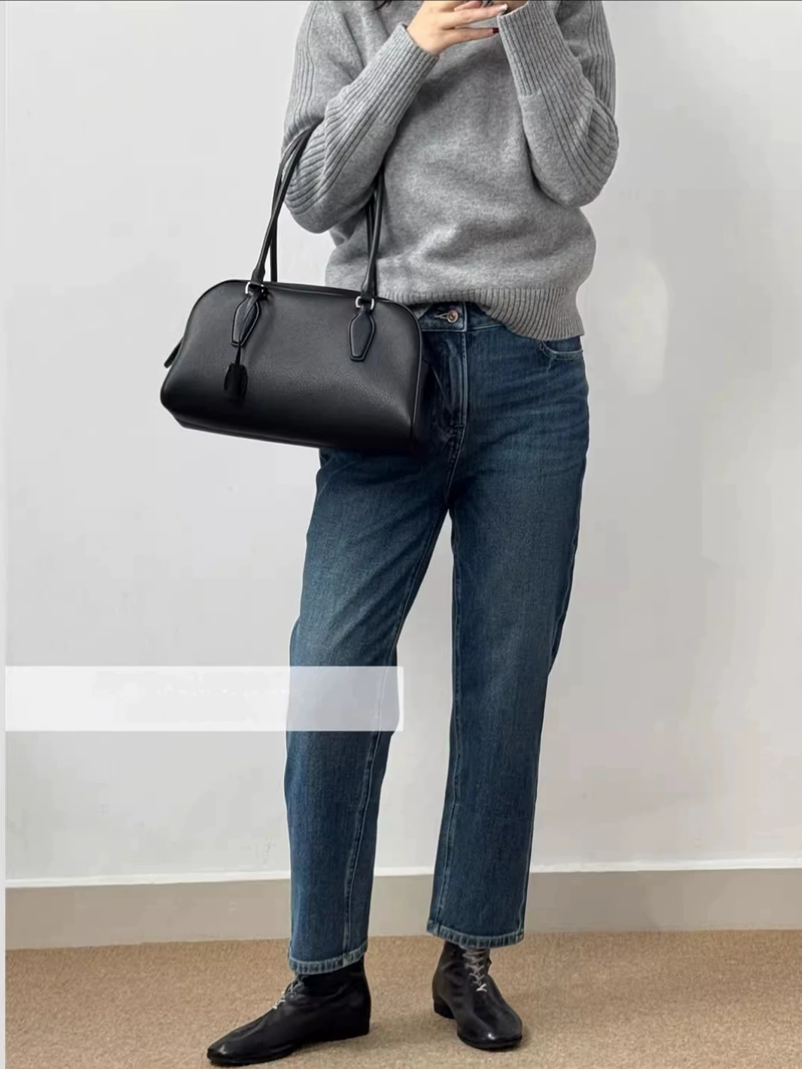 Sac de style français au design de niche, sac bowling Boston en cuir de vachette première couche, sa