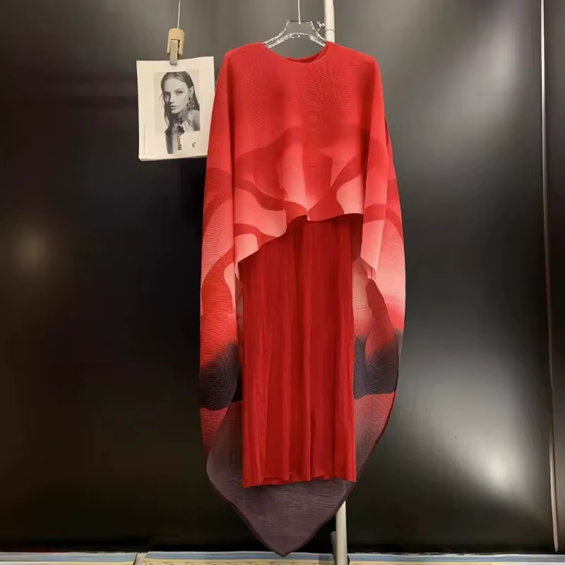 Ata Yake-Jupe longue et élégante pliée pour femmes, jupe de tempérament, châle imprimé à col rond, e